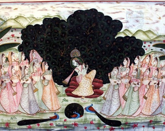 Krishna Pichwai Wall Tapestry: Krishna Playing Flute Painting on Silk Sari-Large- Ready to Hang