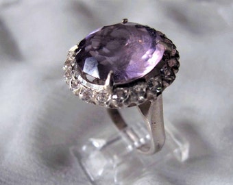 Vintage Amethyst Ring, Sterling Silver with 20 Zircon Border, SIze 6.5-Free Shipping