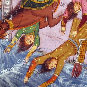 May include: An antique painting depicts figures in a tumultuous scene. A brown horse with detailed tack is partially visible. Several figures in ornate clothing are depicted, some seemingly falling into stylized blue waves. The artwork has a vintage aesthetic.