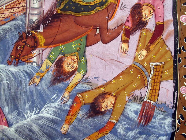 May include: An antique painting depicts figures in a tumultuous scene. A brown horse with detailed tack is partially visible. Several figures in ornate clothing are depicted, some seemingly falling into stylized blue waves. The artwork has a vintage aesthetic.