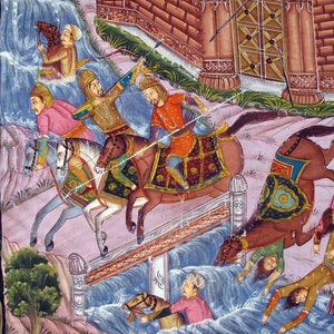May include: An antique Indian miniature painting depicting a battle scene. Warriors on horseback are engaged in combat near a waterfall and a fortress. The artwork features vibrant colors and intricate details, showcasing traditional Indian art.