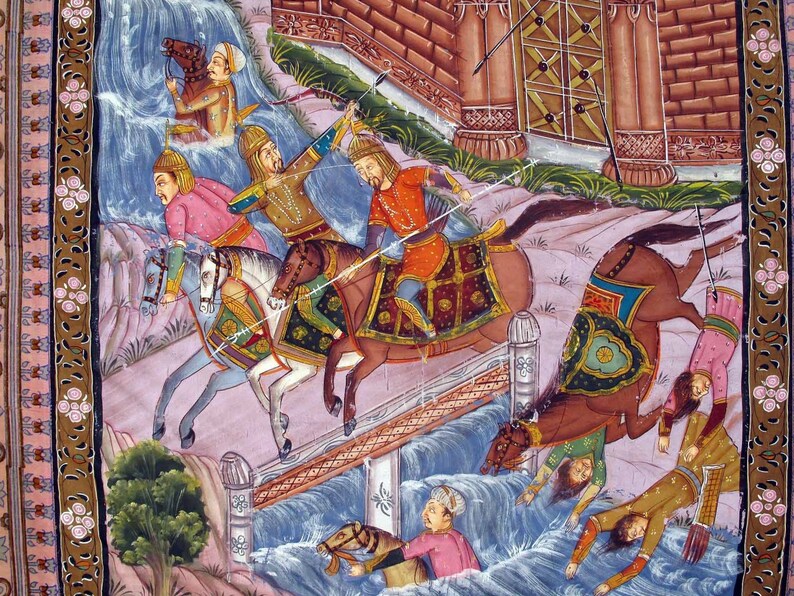 May include: An antique Indian miniature painting depicting a battle scene. Warriors on horseback are engaged in combat near a waterfall and a fortress. The artwork features vibrant colors and intricate details, showcasing traditional Indian art.