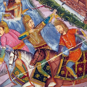 May include: An illustration depicts three figures on horseback, engaged in what appears to be a battle scene. The riders are clad in ornate attire, with one drawing a bow. The horses are adorned with decorative tack, and the background suggests a river or body of water.