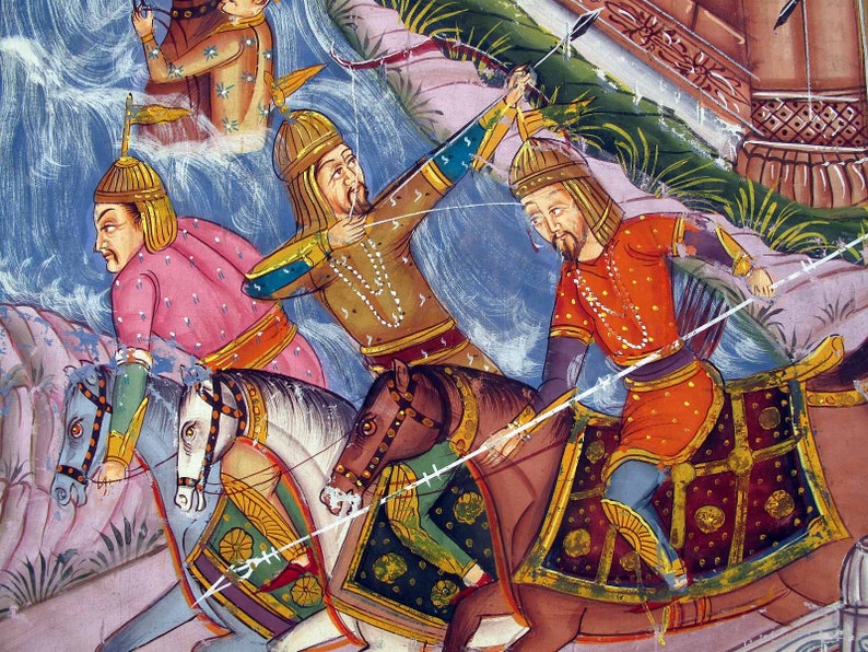 May include: An illustration depicts three figures on horseback, engaged in what appears to be a battle scene. The riders are clad in ornate attire, with one drawing a bow. The horses are adorned with decorative tack, and the background suggests a river or body of water.