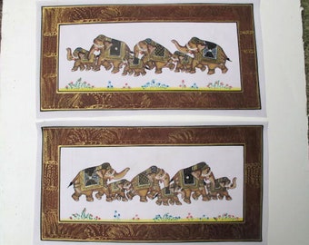 Vintage Elephant Family Paintings on Silk-Pair-CLEARANCE