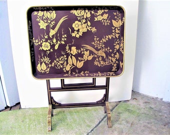 Vintage Chinese Coffee Table: Gate Leg Folding Table, Hand Painted Wood-Free Shipping