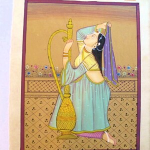Vintage Indian Miniature Painting of a Maiden with Hookah, Watercolor-5.5."x9.5"inches bild 2