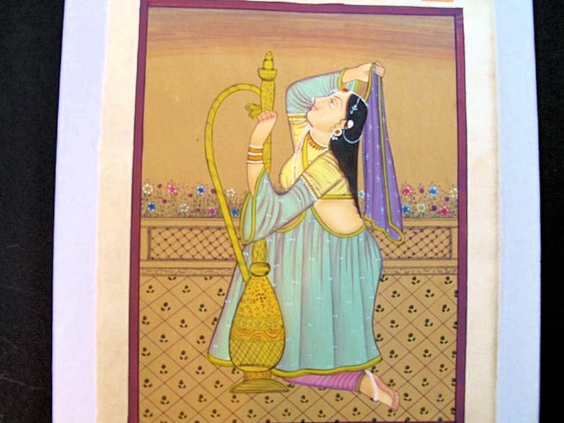 Vintage Indian Miniature Painting of a Maiden with Hookah, Watercolor-5.5."x9.5"inches bild 2