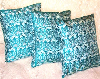 Teal Silk Pillow Set of 3 Cushions from Antique Silk Brocade Sari/Saree by Old Silk Route-Free Shipping