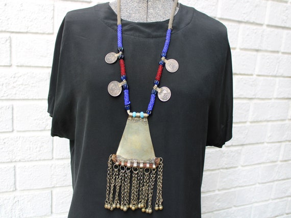 Vintage Tribal Necklace with Large Medallion, Gla… - image 5