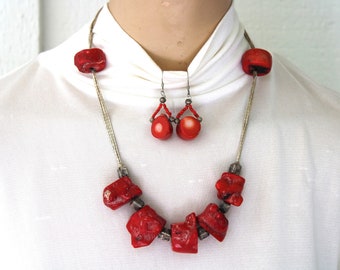 Coral Necklace Earring Set: Nugget and Barrel Coral Beads Set in Sterling Silver by Old Silk Route-Free Shipping