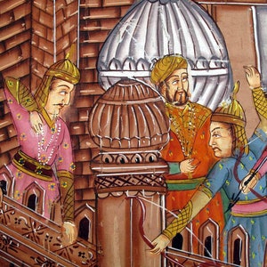 May include: An Indian miniature painting depicts several figures in ornate clothing. One figure in a blue tunic draws a bow, while others in pink and orange robes observe. The scene is set within a detailed architectural backdrop.