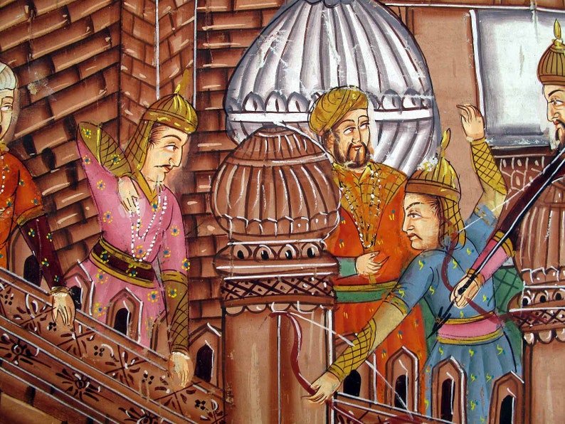 May include: An Indian miniature painting depicts several figures in ornate clothing. One figure in a blue tunic draws a bow, while others in pink and orange robes observe. The scene is set within a detailed architectural backdrop.