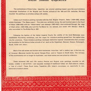 May include: A printed document titled "Royal Indian Tapestries" with text describing the tapestries' origins in Mughal and Persian schools of the 16th and 17th centuries. The document features a red decorative border with a paisley pattern.