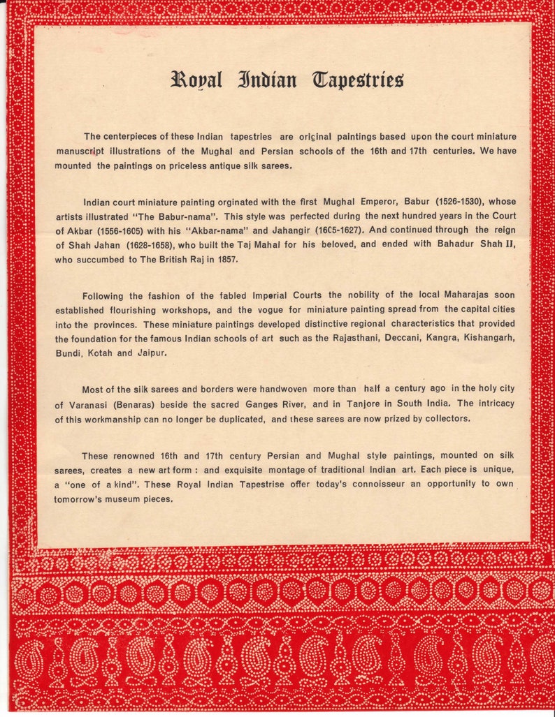 May include: A printed document titled "Royal Indian Tapestries" with text describing the tapestries' origins in Mughal and Persian schools of the 16th and 17th centuries. The document features a red decorative border with a paisley pattern.