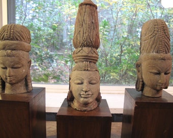 Vintage India Stone Sculptures of Three Hindu Deities with Custom Wooden Bases-Free Shipping