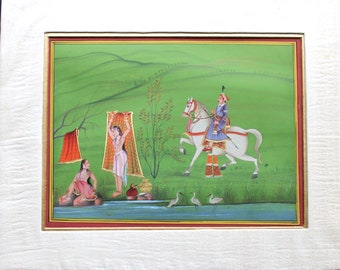 Vintage India Painting-India Love Painting-"Down by the Riverside"-Matted Paper Miniature-Free Shipping