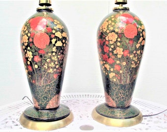 Vintage Table Lamps: Pair Kashmir Papier Mache with Hand Painted Floral Design- Free Shipping