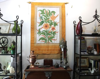 Silk Wall Tapestry: Spring Flowers Painting on Vintage Sari-Large-Ready to Hang