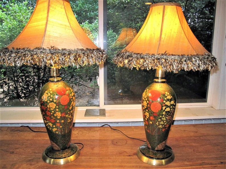 Vintage Pair Kashmir Papier Mache Table Lamps Hand Painted Etsy