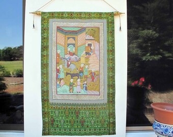 Persian Silk Wall Tapestry: Donkey Painting on Sari, Ready to Hang