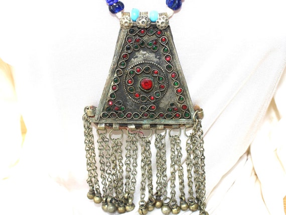 Vintage Tribal Necklace with Large Medallion, Gla… - image 3