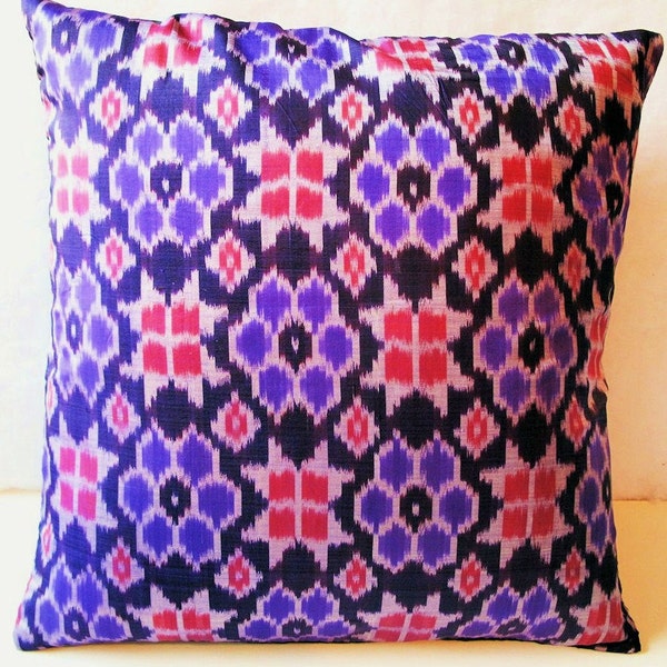 Indian Silk Ikat Pillow,Cushion Cover in Pink and Purple-16"inch square