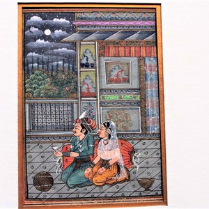 May include: A traditional Indian miniature painting depicting a couple in a palace setting. The painting is done in vibrant colors and features intricate details. The couple is seated on a balcony overlooking a garden, with a full moon in the sky.
