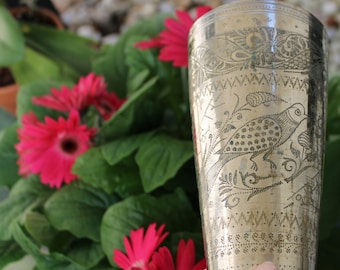 Vintage Brass Lassi(Yogurt)Glass with Two Etched Birds from Pakistan-Free Shipping