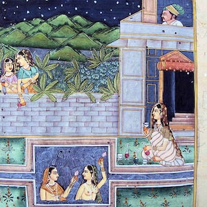 Antique Indian Painting: Miniature Painting of Mughal Courtyard with Courtesans-India Wall Art-8.5&quot;x4.5&quot;inches