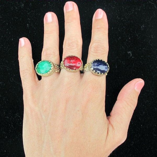 Vintage Stackable Tribal Rings -Red, Green, Blue Glass Rings from Afghanistan-Free Shipping