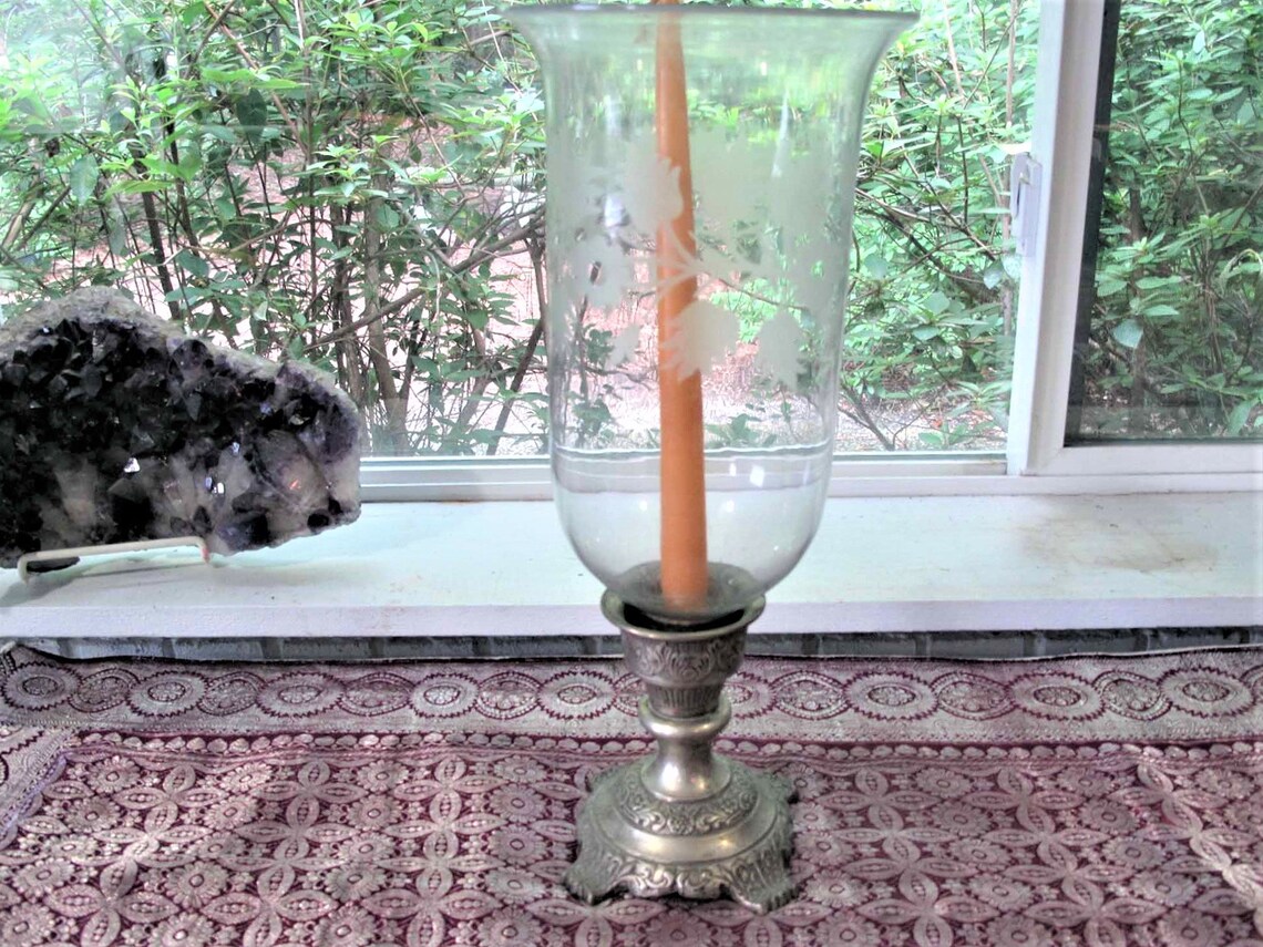 Vintage Etched Glass Hurricane Candle Holder with Brass Etsy