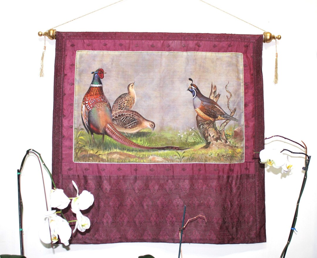 Silk Wall Tapestry by the Old Silk Route of Silk Painting of Pheasant and Quail36x36inchesfree