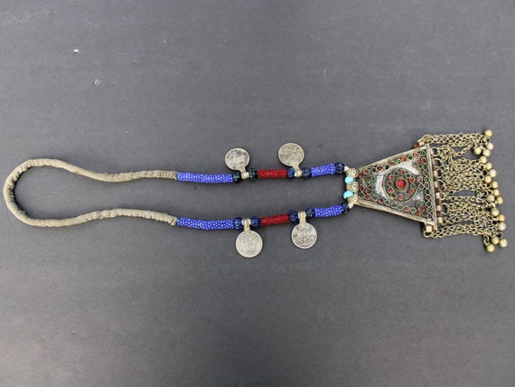 Vintage Tribal Necklace with Large Medallion, Gla… - image 4