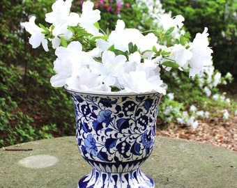 Vintage Large Blue and White Porcelain Vase, Hand Painted Floral Motif from Pakistan-Free Shipping