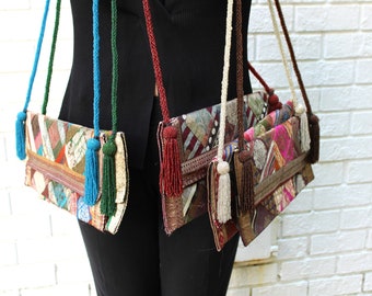 Clutch Shoulder Bag-Patchwork Design-Beaded Strap with Large Tassels-by The Arc for Old Silk Route-Free Shipping