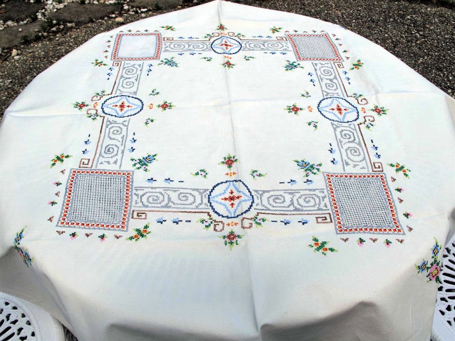 Vintage Linen Bridge Tablecloth with Cross Stitch Hand Etsy
