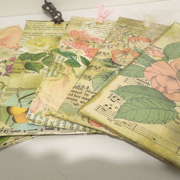 BOOKMARKS  set of five, scrapbooking, collage, decoupage