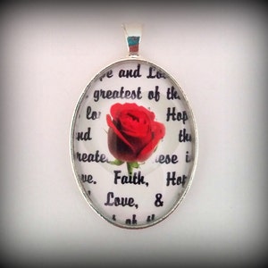 Red Rose Pendant, Faith, Hope & Love, Christian Quote Jewelry