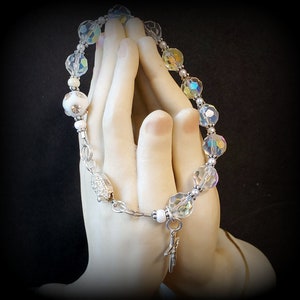 Crystal and Pearl Rosary Bracelet, Aurora Borealis Bridal Bracelet, Confirmation Bracelet