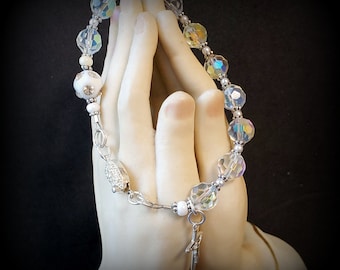 Pulseira de Rosário de Cristal Aurora Boreal: Crucifixo de Prata Esterlina, Presente de Confirmação de Noiva