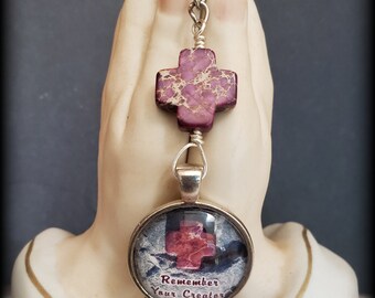 Chaveiro de cruz de pedra: ágata, rosa branca, presente de comunhão