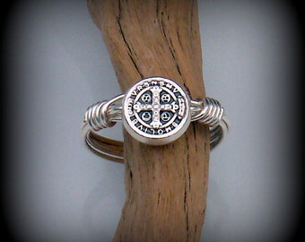 Saint Benedict wire wrapped ring - cross ring