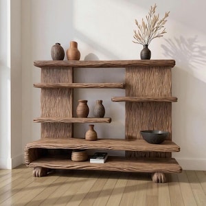 Solid wood standing bookshelf art carved live edge floor wooden bookshelf wall mount display shelves home decor living room