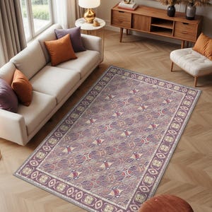 Lilac & Plum Rug For Boho Chic Room Decor, Ornate Gothic Rug, Geometric Border Rug, Deep Violet Rug, Luxury Rug For Boho Living Room Decor