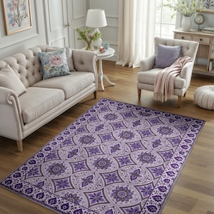 Tapis à fleurs violettes - Tapis élégant lavable, élément de décoration traditionnel pour le salon