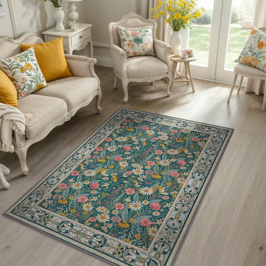 Teal Cottagecore Rug, Vintage Style Floral Rug, Wildflower Rug ...