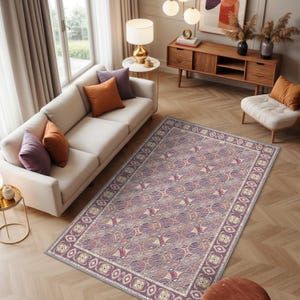 Lilac & Plum Rug For Boho Chic Room Decor, Ornate Gothic Rug, Geometric Border Rug, Deep Violet Rug, Luxury Rug For Boho Living Room Decor