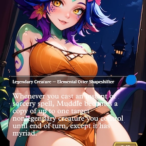 May include: A fantasy card depicting a female character with blue hair, decorated with pink flowers, and wearing an orange top. The card reads "Legendary Creature - Elemental Otter Shapeshifter" and includes game text. The card's power and toughness are 3/3.