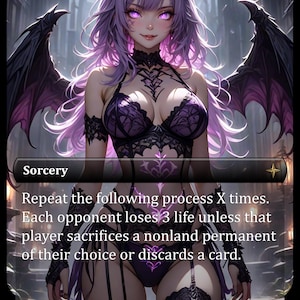 May include: A fantasy art card depicting a woman with purple hair, horns, and wings, dressed in a dark purple, lacy outfit. The card is labelled "Sorcery" and details a game action. The overall aesthetic is dark and gothic, with a focus on fantasy elements.